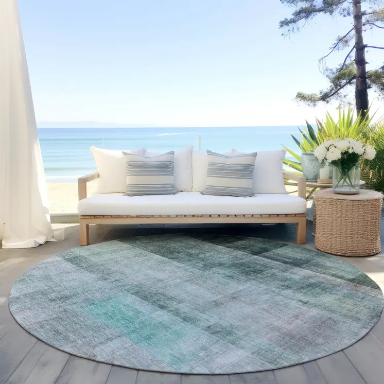 8' Round Teal Round Ombre Washable Non Skid Indoor Outdoor Area Rug