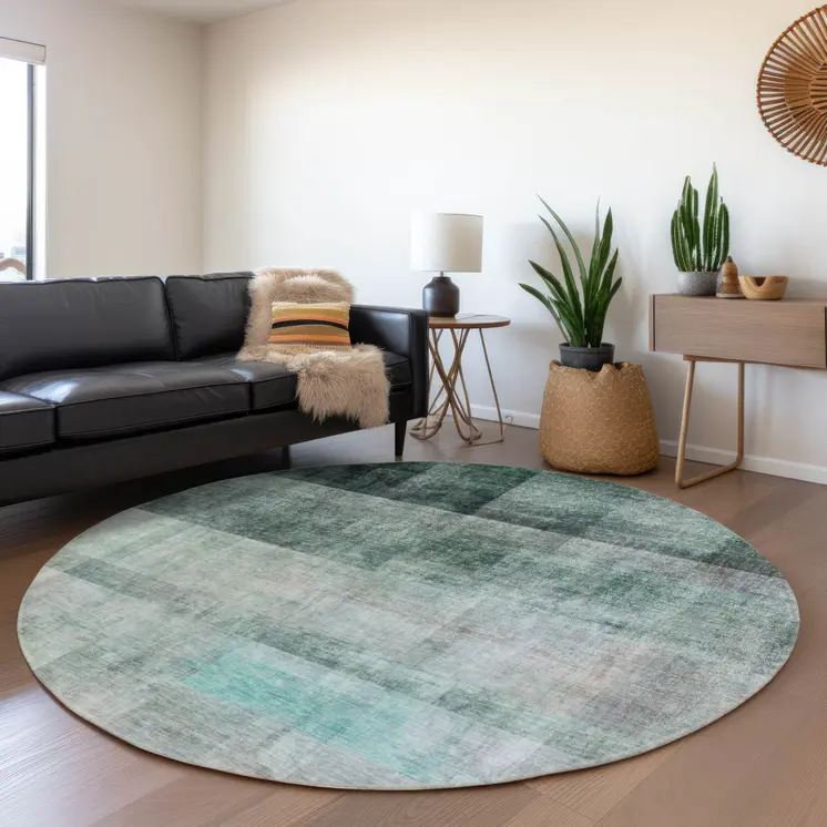 8' Round Teal Round Ombre Washable Non Skid Indoor Outdoor Area Rug