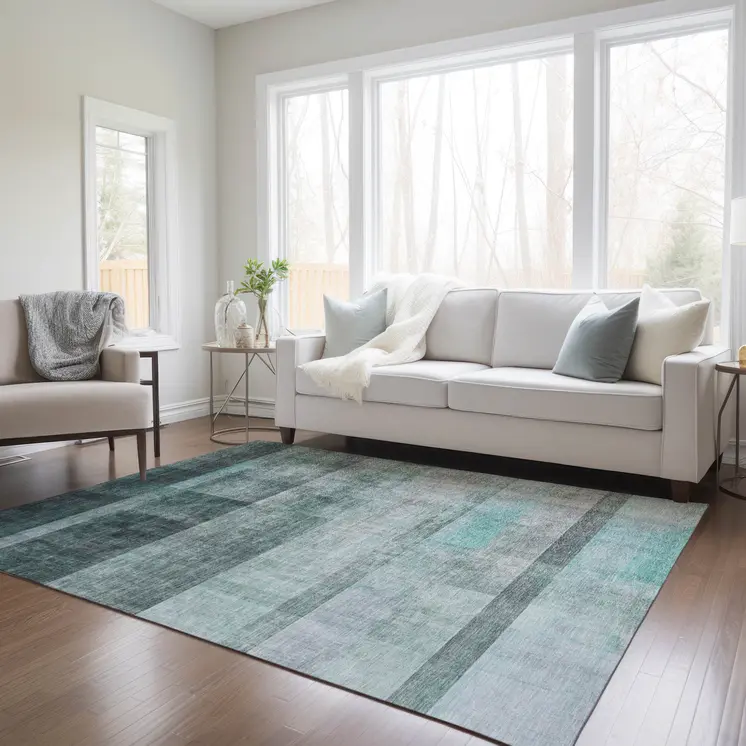 9' X 12' Teal Ombre Washable Non Skid Indoor Outdoor Area Rug
