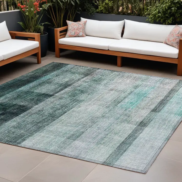 10' X 14' Teal Ombre Washable Non Skid Indoor Outdoor Area Rug