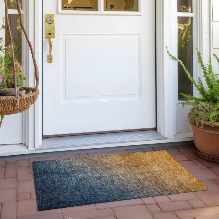 2' X 3' Denim and Gold Ombre Washable Non Skid Indoor Outdoor Area Rug