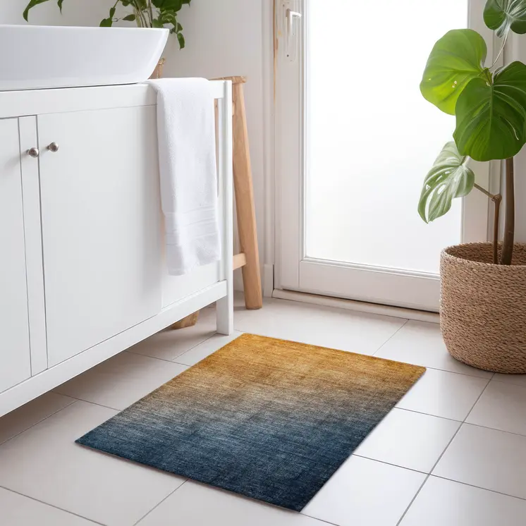 2' X 3' Denim and Gold Ombre Washable Non Skid Indoor Outdoor Area Rug