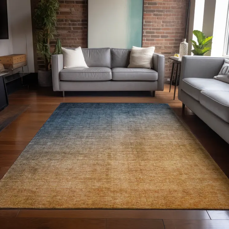 10' X 14' Denim and Gold Ombre Washable Non Skid Indoor Outdoor Area Rug