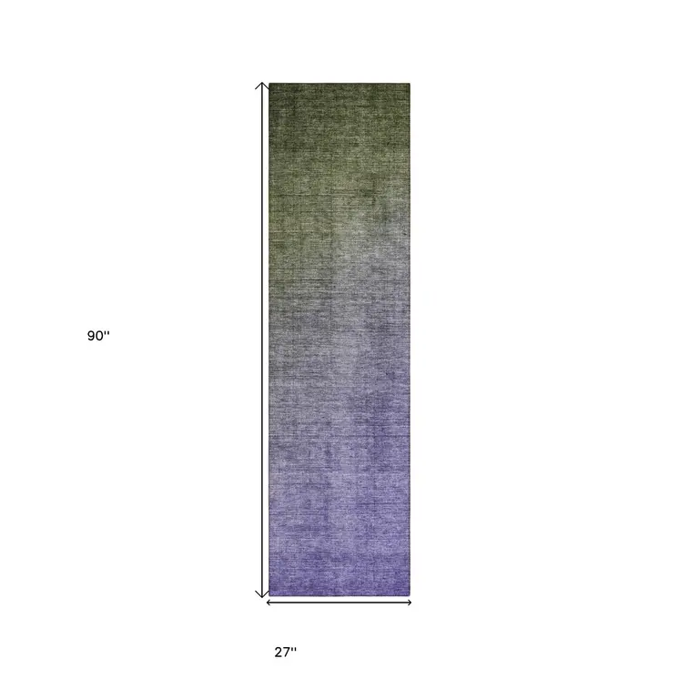 8' Runner Olive Green and Purple Ombre Washable Non Skid Indoor Outdoor Runner Rug
