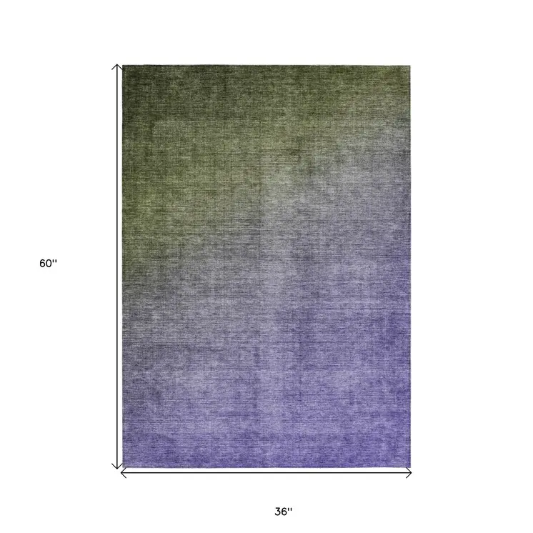 3' X 5' Olive Green And Purple Ombre Washable Indoor Outdoor Area Rug
