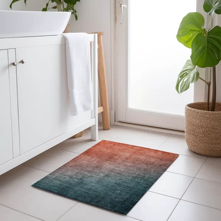 2' X 3' Gray and Red Orange Ombre Washable Non Skid Indoor Outdoor Area Rug