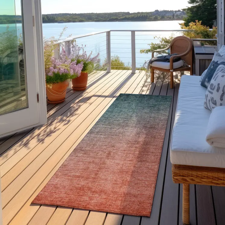8' Runner Gray and Red Orange Ombre Washable Non Skid Indoor Outdoor Runner Rug