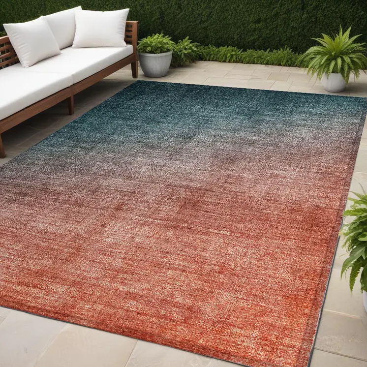 5' X 8' Gray and Red Orange Ombre Washable Non Skid Indoor Outdoor Area Rug