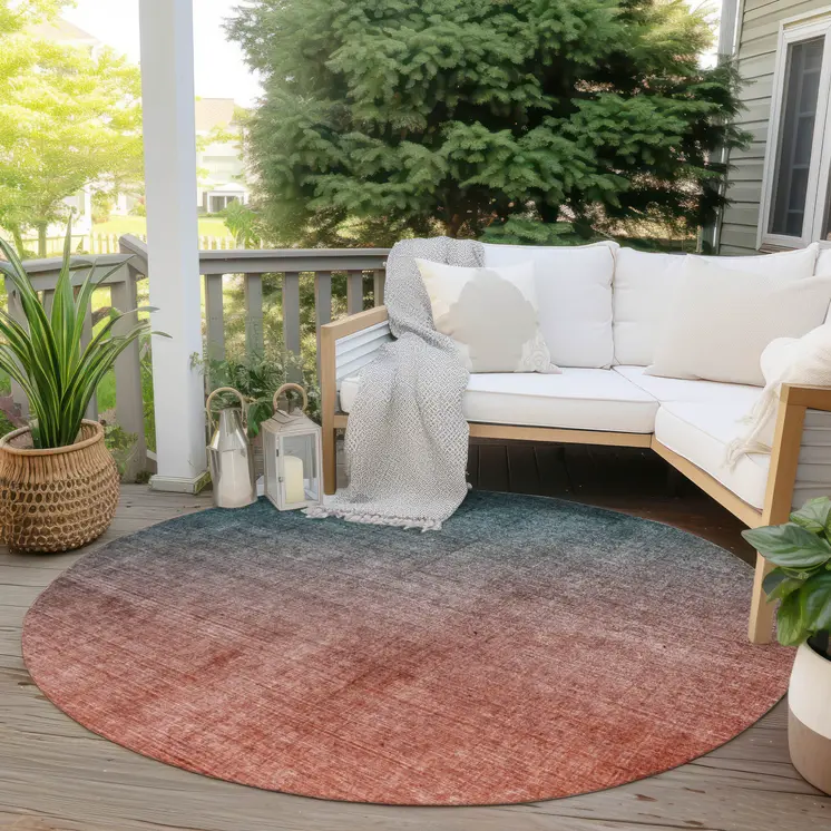 8' Round Gray and Red Orange Round Ombre Washable Non Skid Indoor Outdoor Area Rug