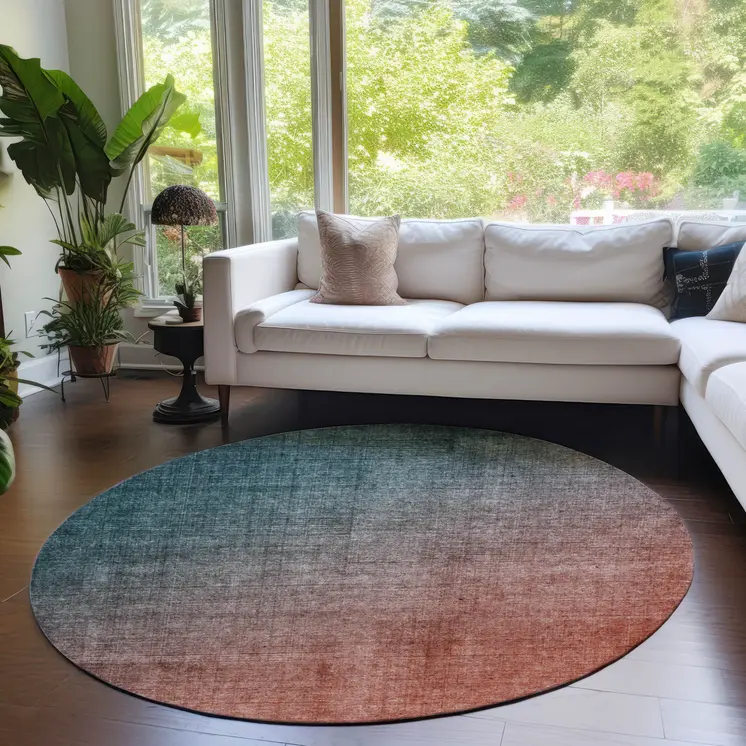 8' Round Gray and Red Orange Round Ombre Washable Non Skid Indoor Outdoor Area Rug