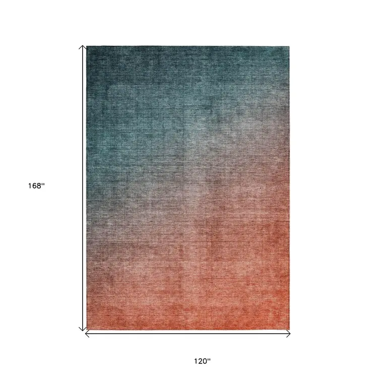 10' X 14' Gray and Red Orange Ombre Washable Non Skid Indoor Outdoor Area Rug