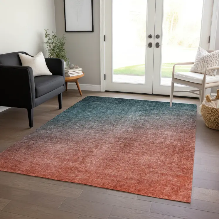 10' X 14' Gray and Red Orange Ombre Washable Non Skid Indoor Outdoor Area Rug