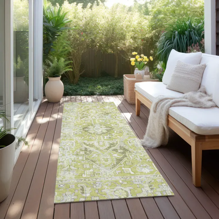 8' Runner Artichoke Green Oriental Washable Non Skid Indoor Outdoor Runner Rug