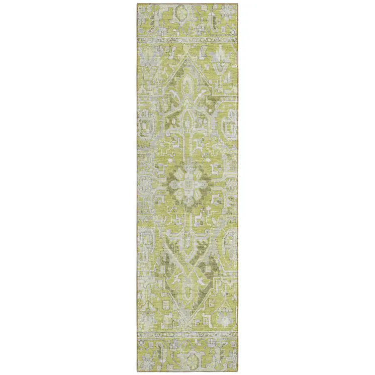 8' Runner Artichoke Green Oriental Washable Non Skid Indoor Outdoor Runner Rug