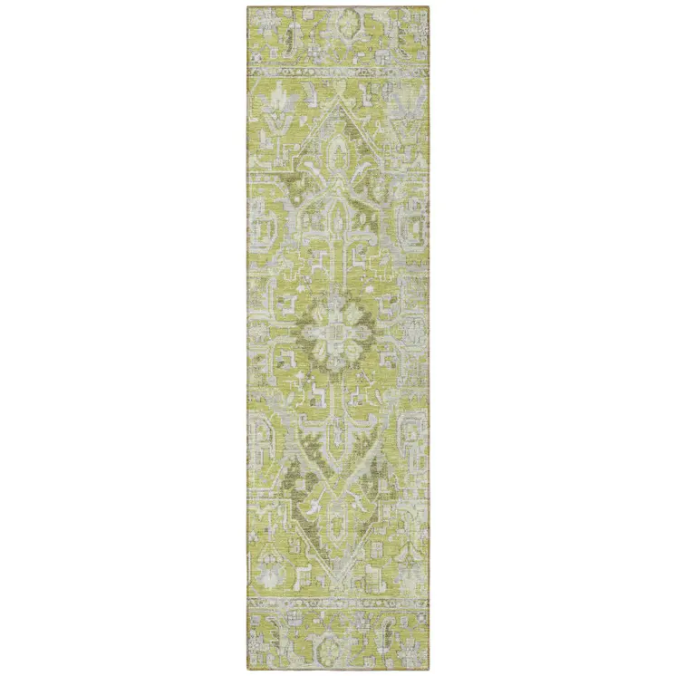 8' Runner Artichoke Green Oriental Washable Non Skid Indoor Outdoor Runner Rug