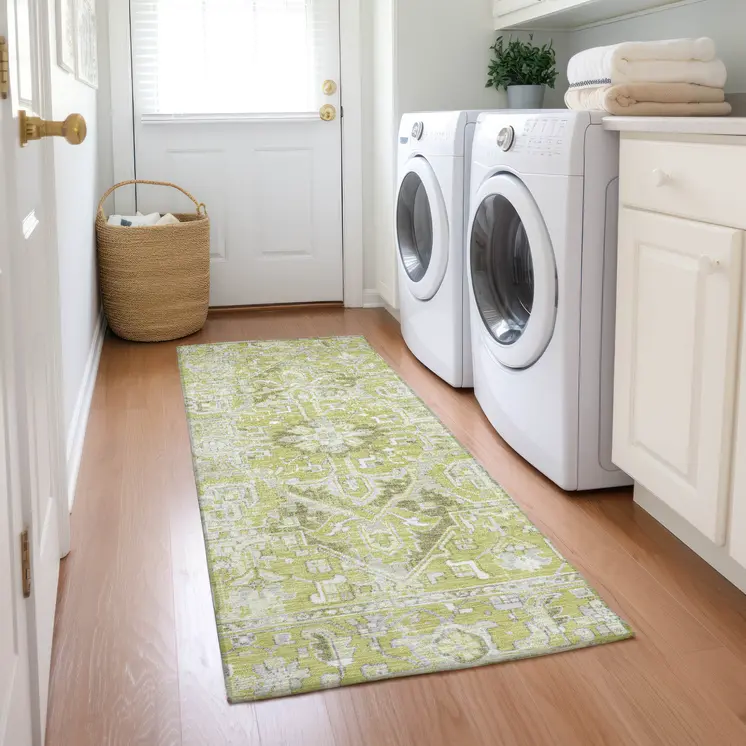 8' Runner Artichoke Green Oriental Washable Non Skid Indoor Outdoor Runner Rug