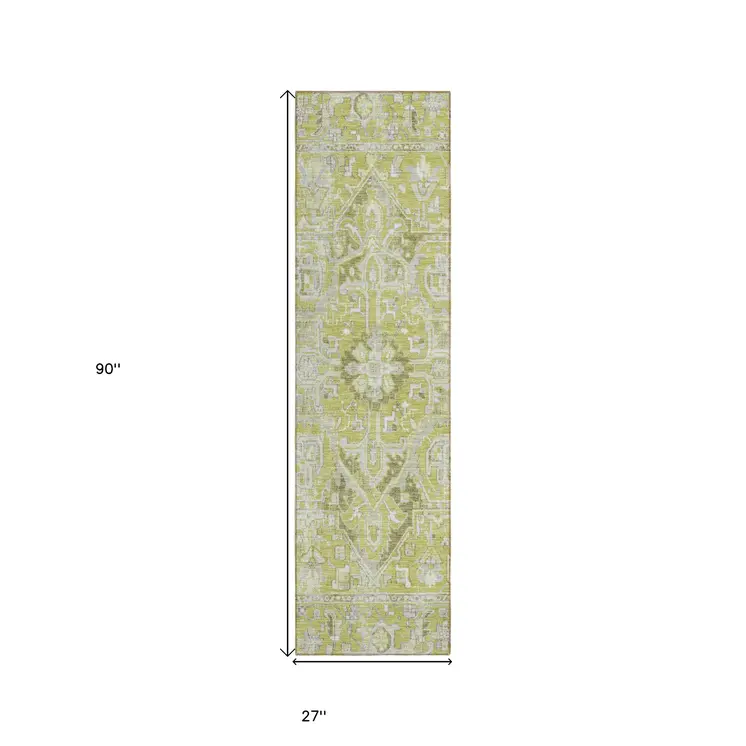 8' Runner Artichoke Green Oriental Washable Non Skid Indoor Outdoor Runner Rug