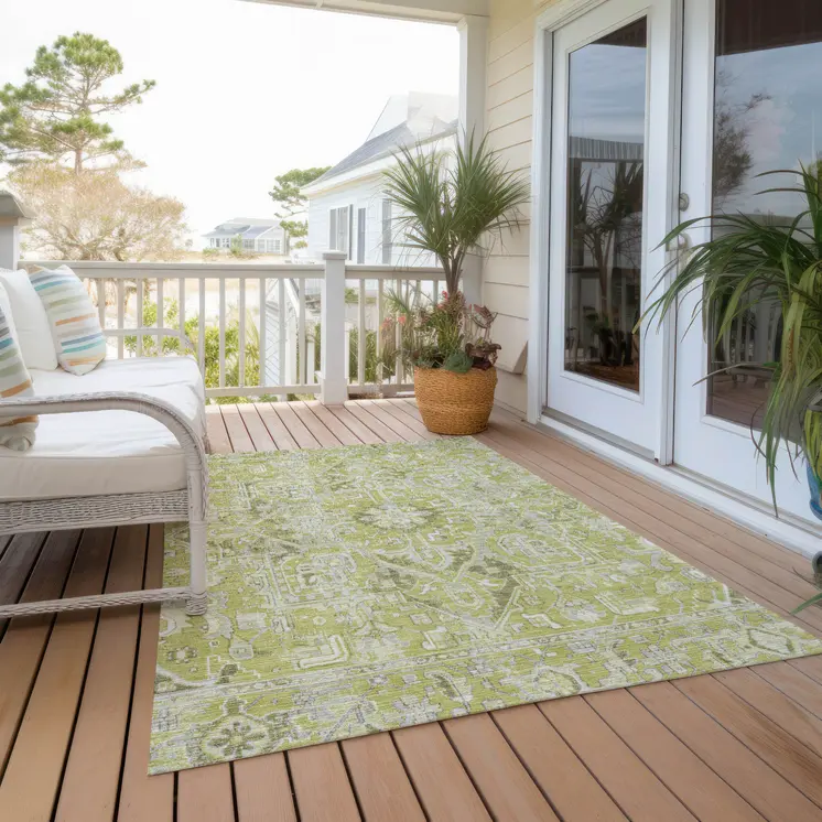 8' X 10' Artichoke Green Oriental Washable Non Skid Indoor Outdoor Area Rug