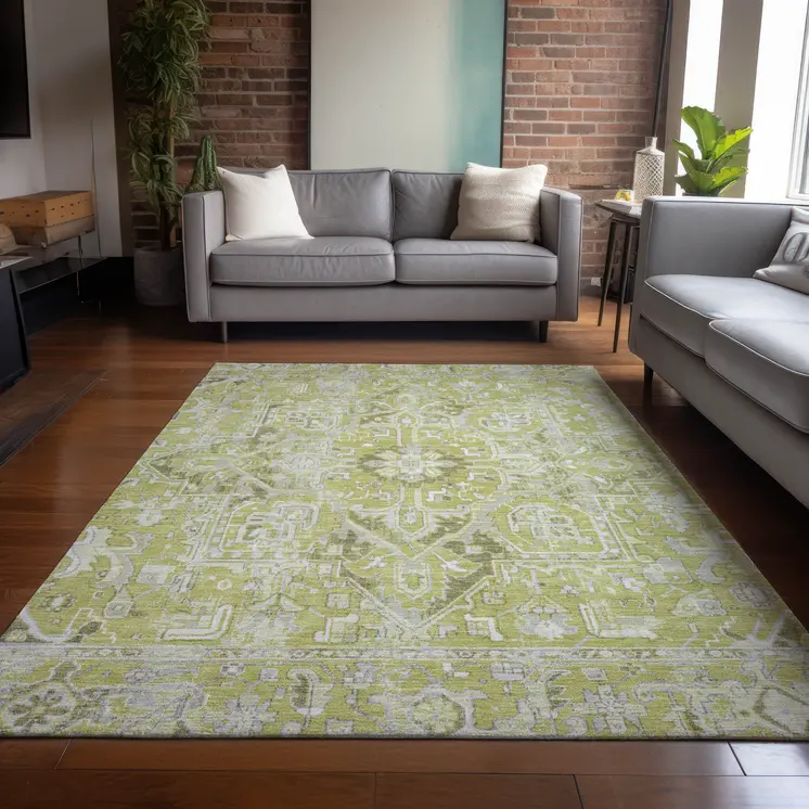 9' X 12' Artichoke Green Oriental Washable Non Skid Indoor Outdoor Area Rug