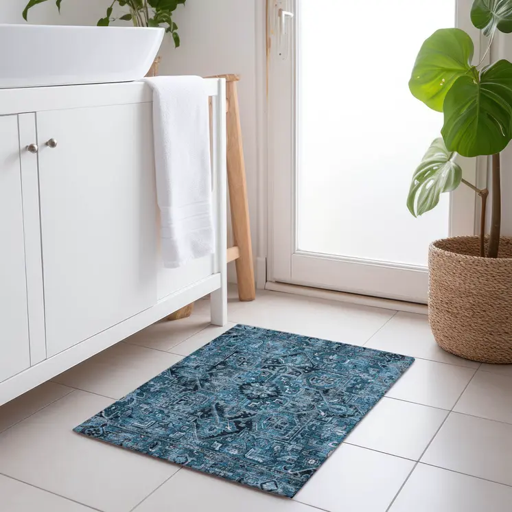 2' X 3' Denim and Gray Oriental Washable Non Skid Indoor Outdoor Area Rug