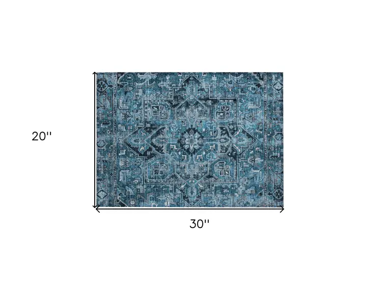 2' X 3' Denim and Gray Oriental Washable Non Skid Indoor Outdoor Area Rug