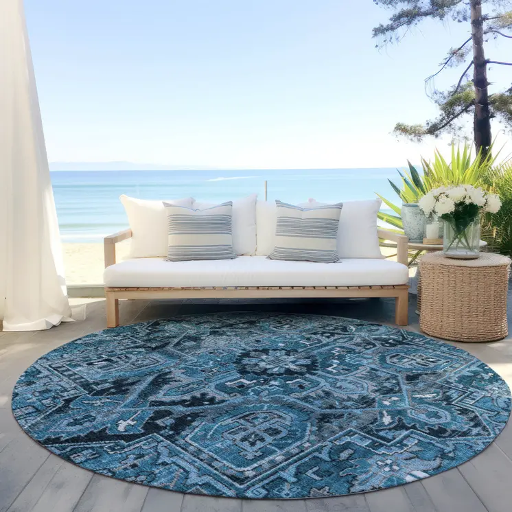 8' Gray Round Oriental Washable Indoor Outdoor Area Rug