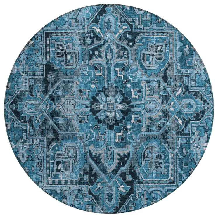 8' Gray Round Oriental Washable Indoor Outdoor Area Rug