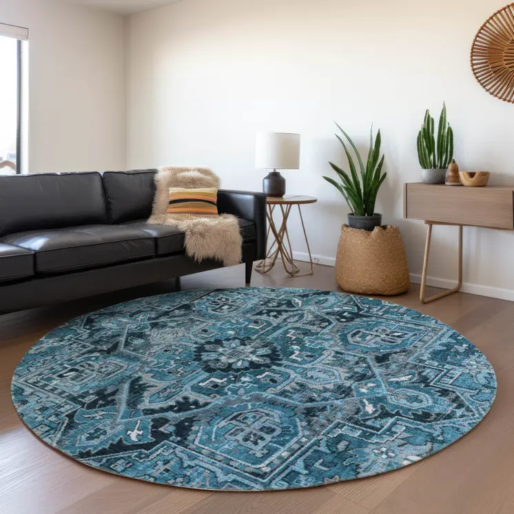 8' Gray Round Oriental Washable Indoor Outdoor Area Rug