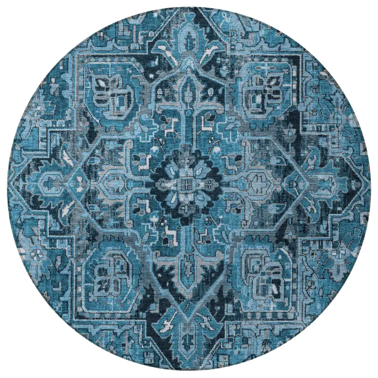 8' Gray Round Oriental Washable Indoor Outdoor Area Rug