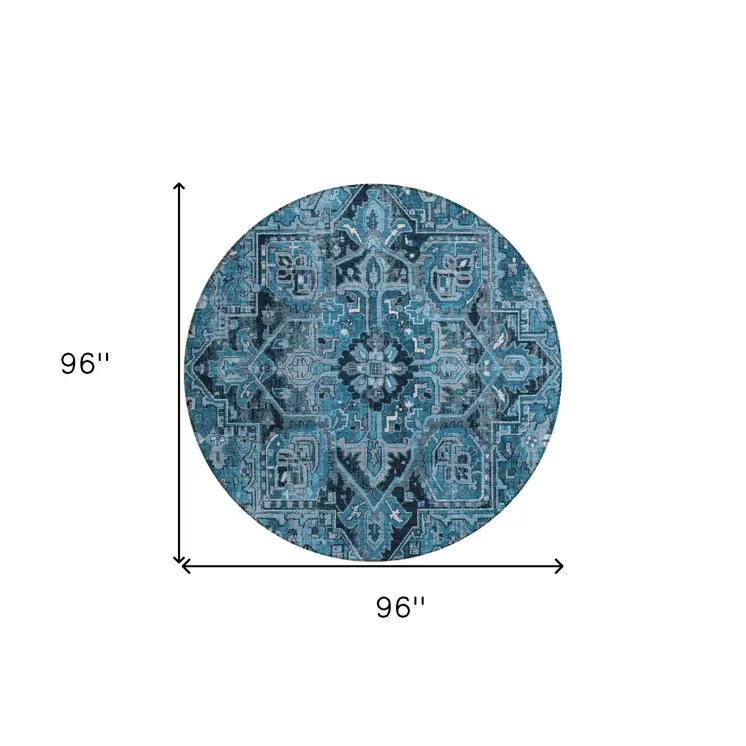 8' Gray Round Oriental Washable Indoor Outdoor Area Rug
