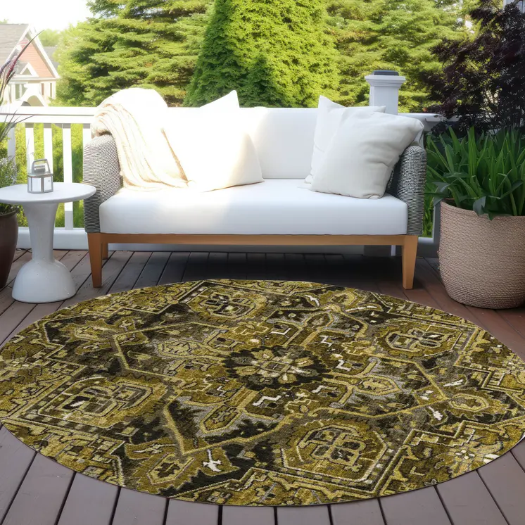 8' Coffee And Gray Round Oriental Washable Indoor Outdoor Area Rug