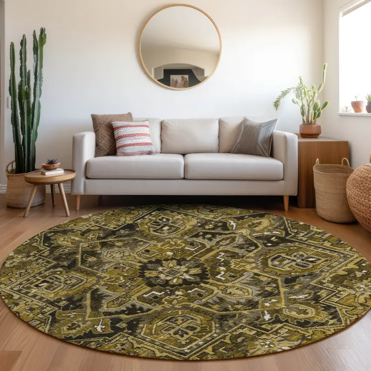 8' Coffee And Gray Round Oriental Washable Indoor Outdoor Area Rug