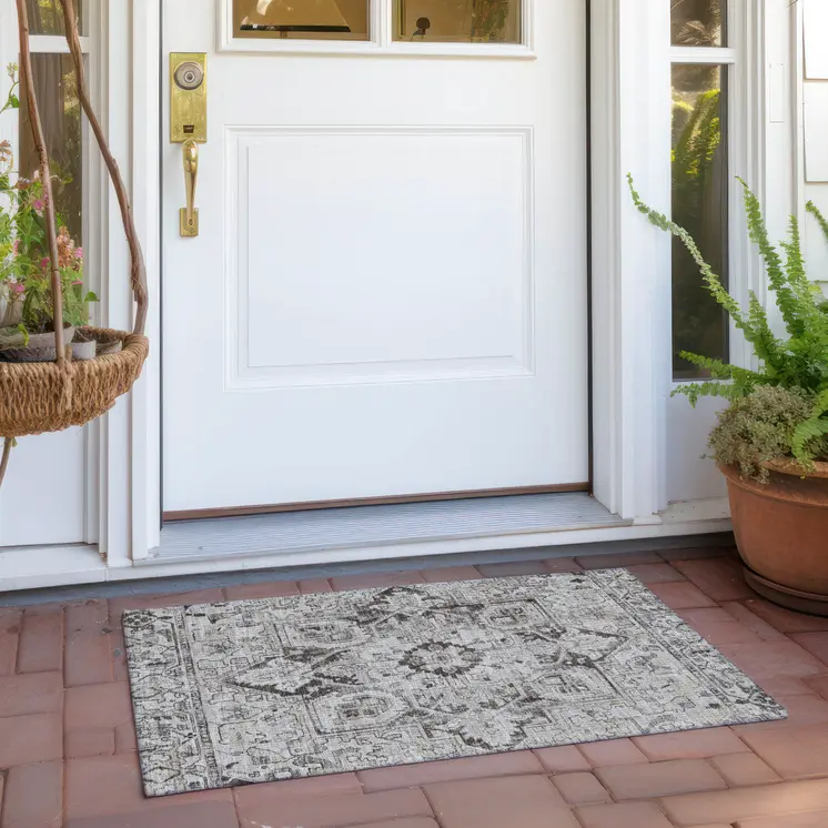 2' X 3' Ivory and Dark Brown Oriental Washable Non Skid Indoor Outdoor Area Rug