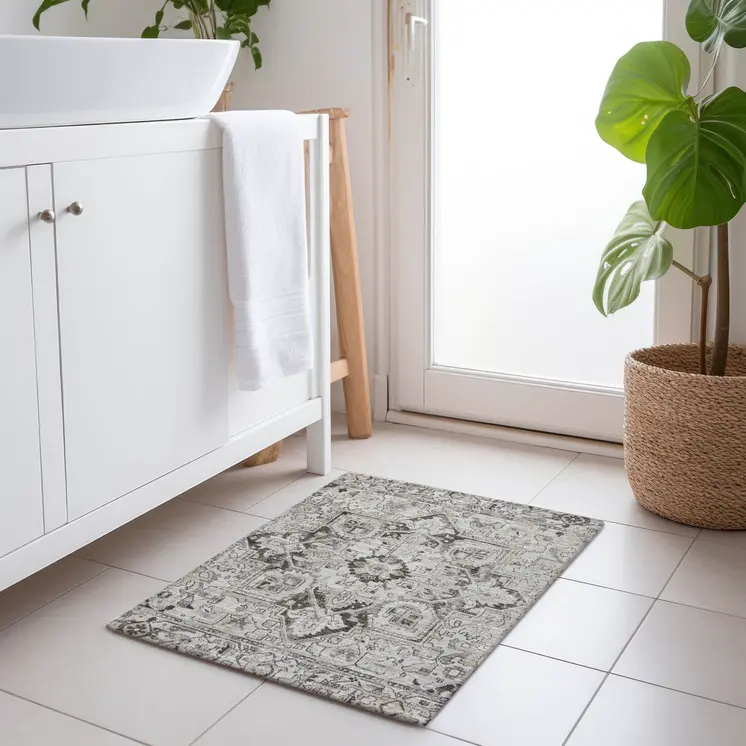 2' X 3' Ivory and Dark Brown Oriental Washable Non Skid Indoor Outdoor Area Rug