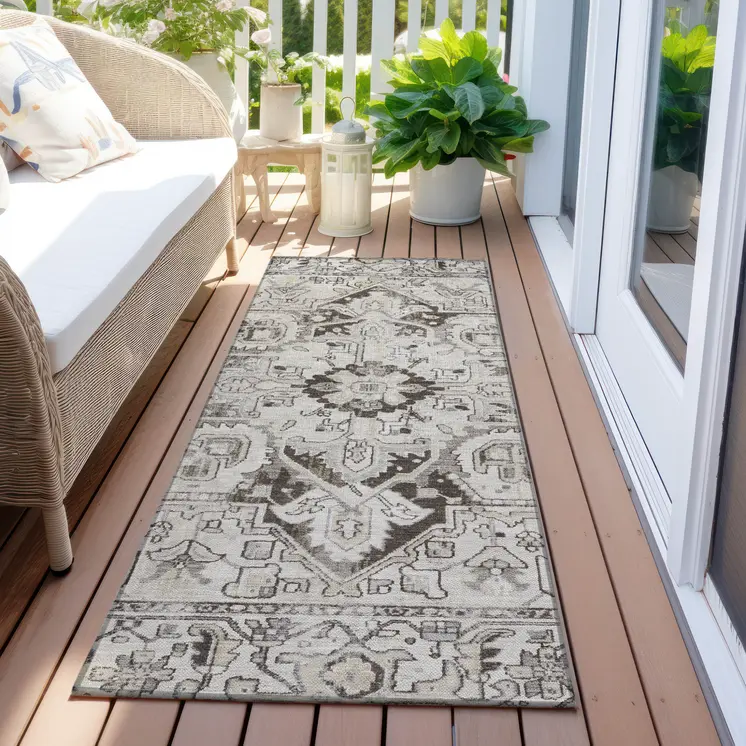 8' Runner Ivory and Dark Brown Oriental Washable Non Skid Indoor Outdoor Runner Rug