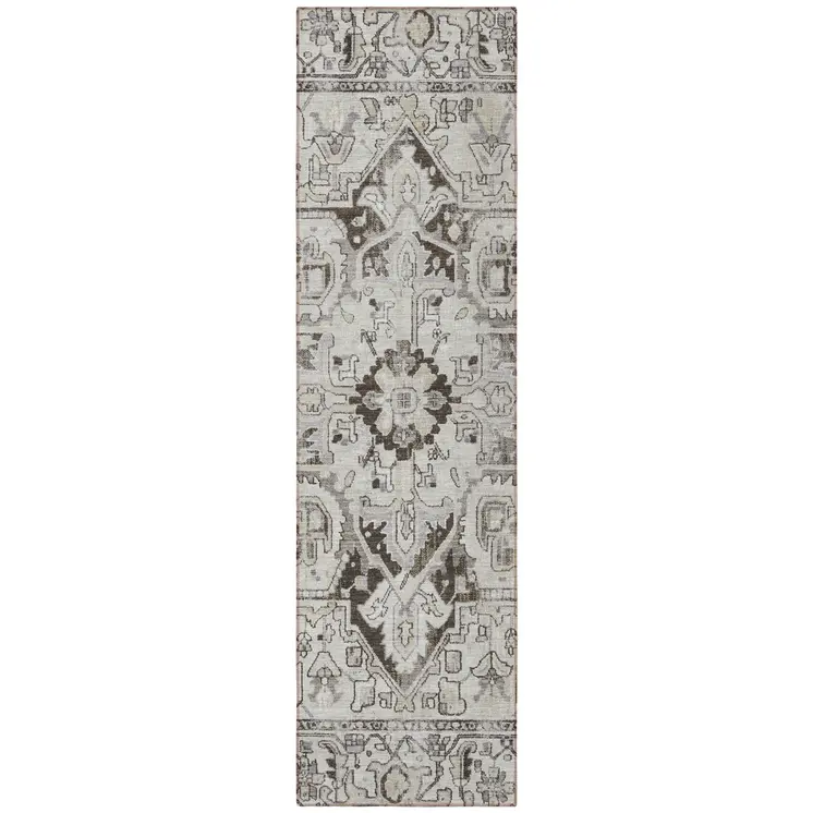 8' Runner Ivory and Dark Brown Oriental Washable Non Skid Indoor Outdoor Runner Rug
