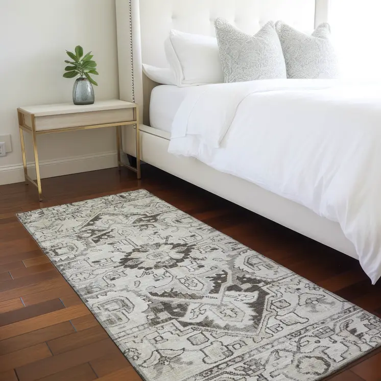 8' Runner Ivory and Dark Brown Oriental Washable Non Skid Indoor Outdoor Runner Rug