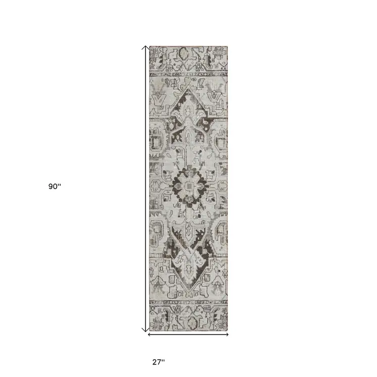 8' Runner Ivory and Dark Brown Oriental Washable Non Skid Indoor Outdoor Runner Rug