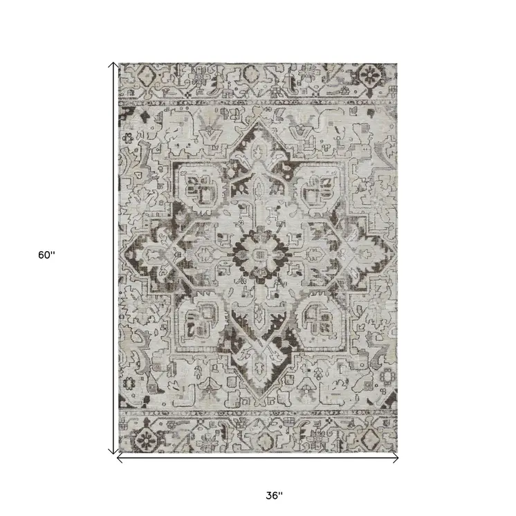 3' X 5' Ivory and Dark Brown Oriental Washable Non Skid Indoor Outdoor Area Rug