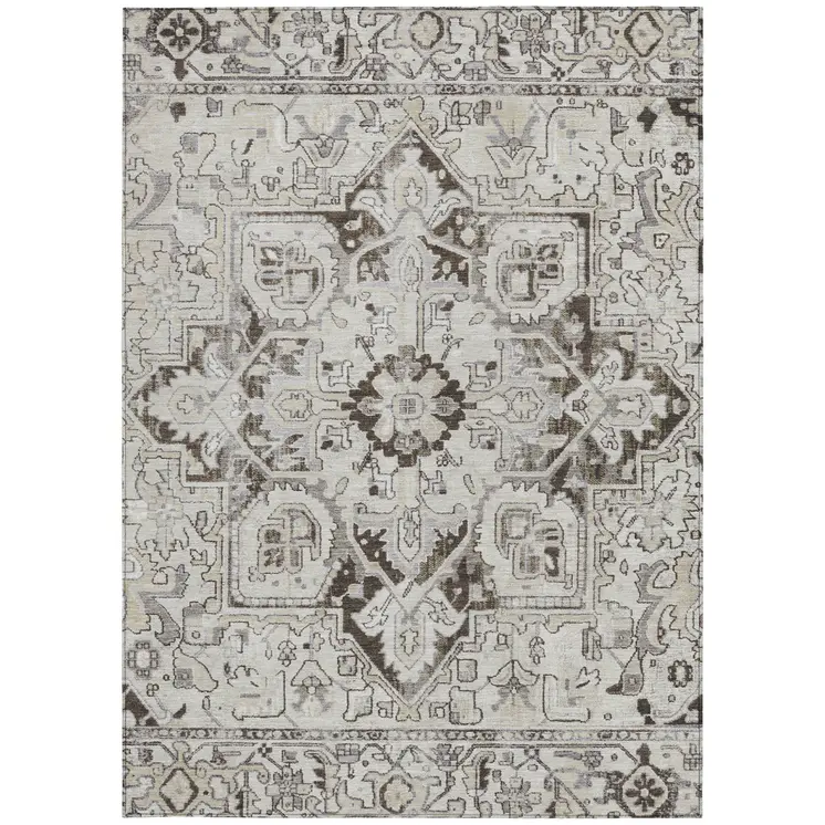 5' X 8' Ivory and Dark Brown Oriental Washable Non Skid Indoor Outdoor Area Rug