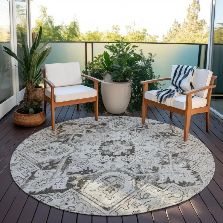 8' Ivory And Dark Brown Round Oriental Washable Indoor Outdoor Area Rug