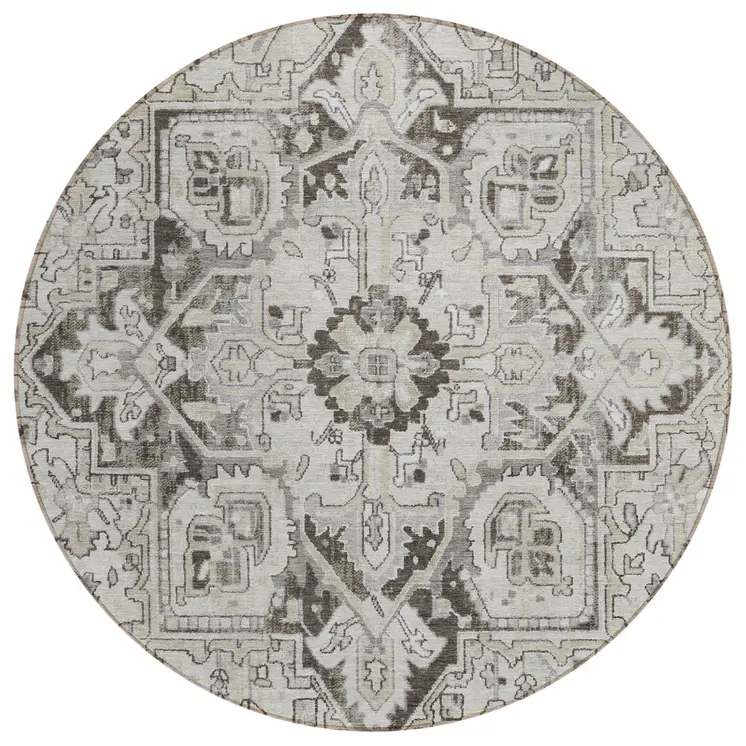 8' Ivory And Dark Brown Round Oriental Washable Indoor Outdoor Area Rug
