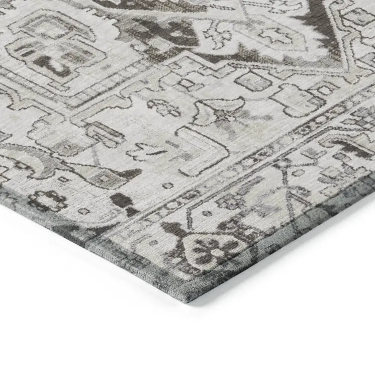 8' Ivory And Dark Brown Round Oriental Washable Indoor Outdoor Area Rug