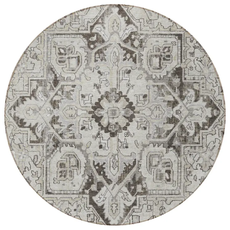 8' Ivory And Dark Brown Round Oriental Washable Indoor Outdoor Area Rug