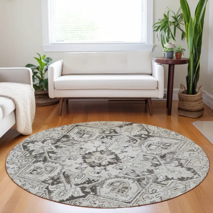 8' Ivory And Dark Brown Round Oriental Washable Indoor Outdoor Area Rug