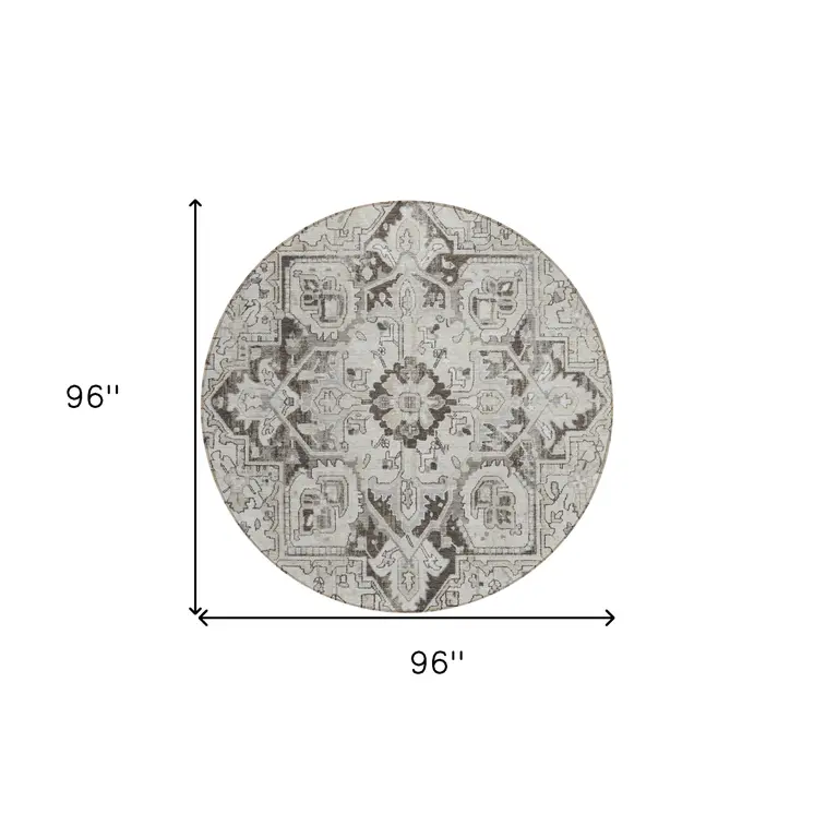 8' Ivory And Dark Brown Round Oriental Washable Indoor Outdoor Area Rug