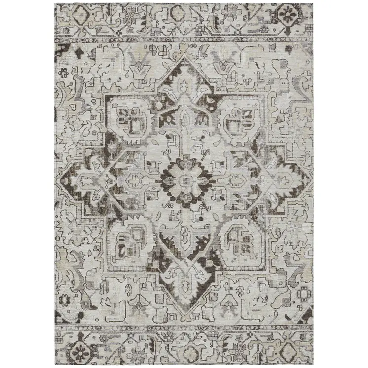 10' X 14' Ivory and Dark Brown Oriental Washable Non Skid Indoor Outdoor Area Rug