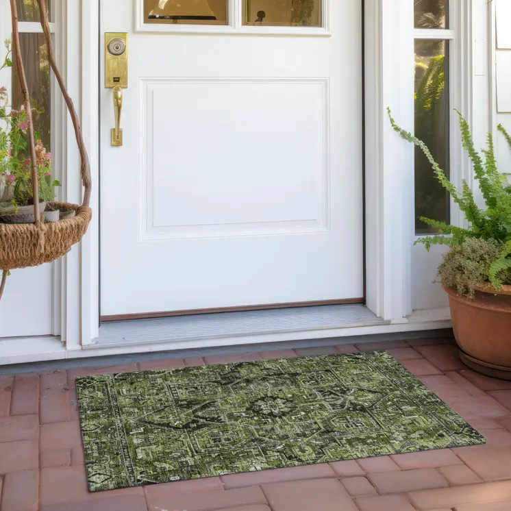 2' X 3' Olive Green and Dark Green Oriental Washable Non Skid Indoor Outdoor Area Rug