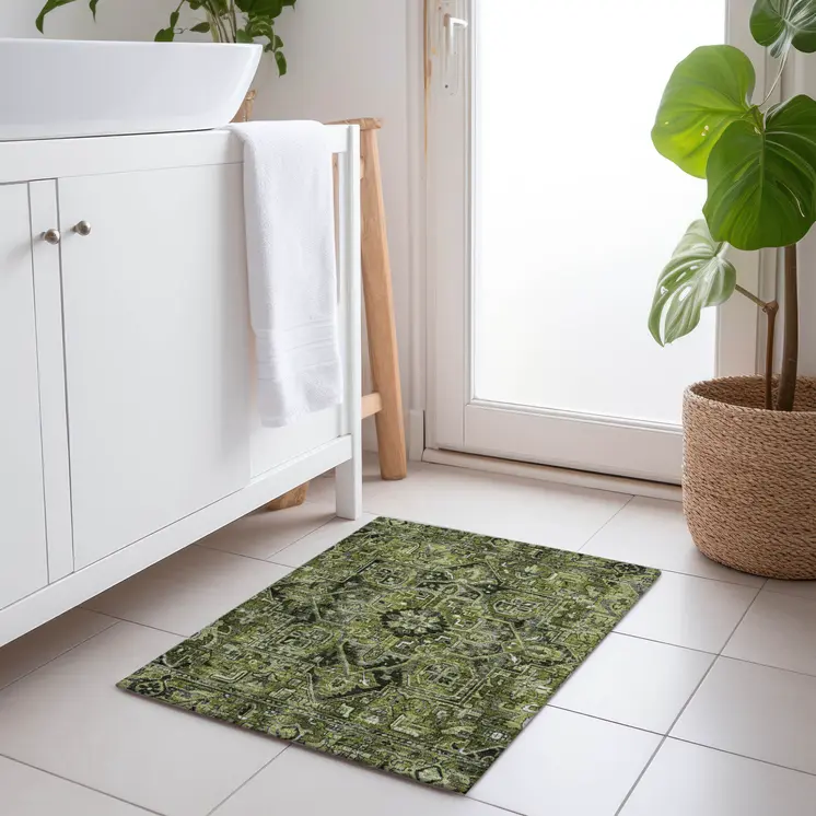 2' X 3' Olive Green and Dark Green Oriental Washable Non Skid Indoor Outdoor Area Rug