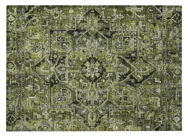 2' X 3' Olive Green and Dark Green Oriental Washable Non Skid Indoor Outdoor Area Rug
